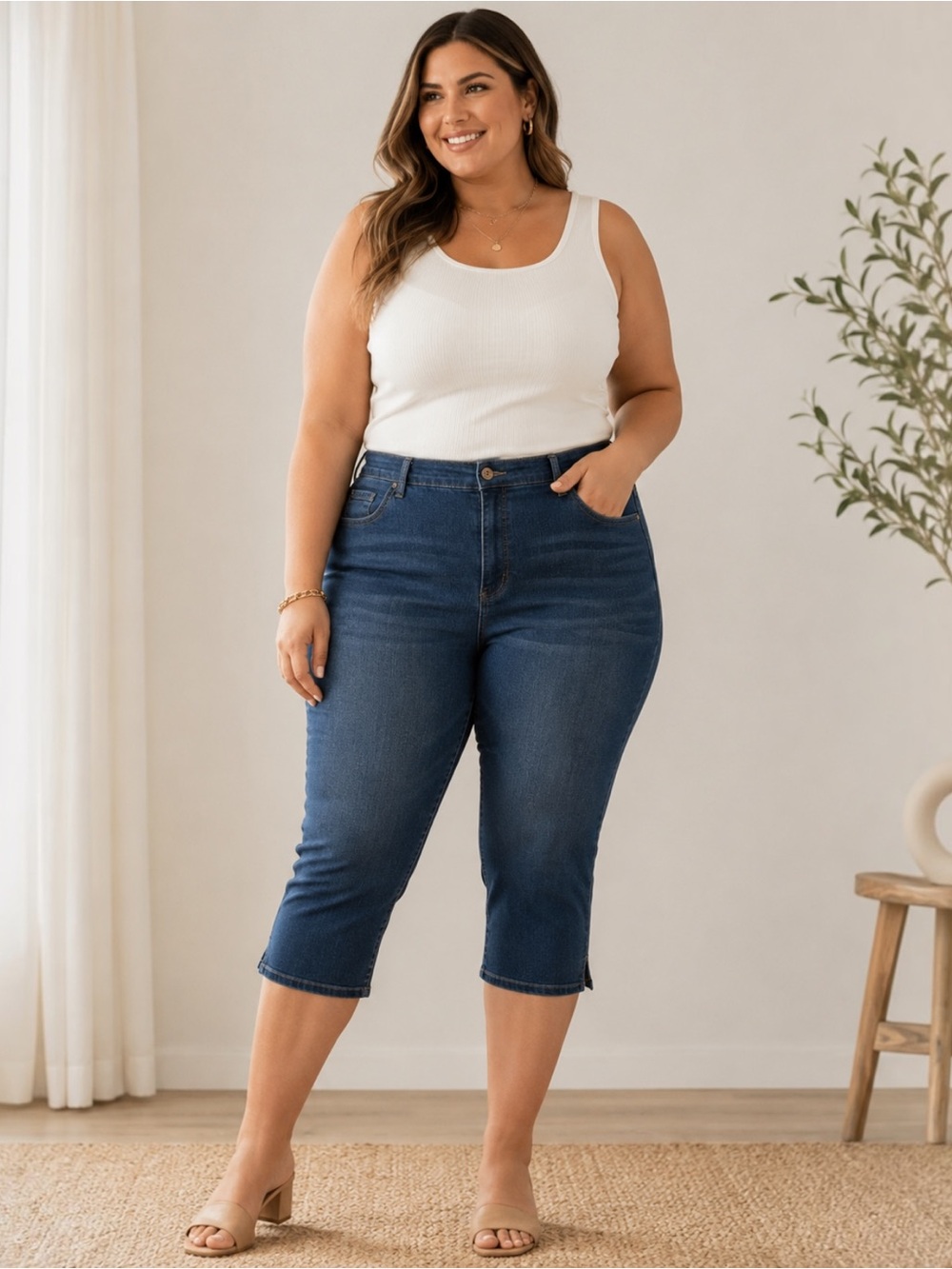 Architect Woman Jeans 18W Blue Stretch Denim Capri Split Hem Plus Size